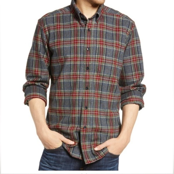 L.L.Bean Scotch Plaid Relaxed Fit Flannel Shirt Grey Button Up Long Sleeve L - Picture 1 of 9
